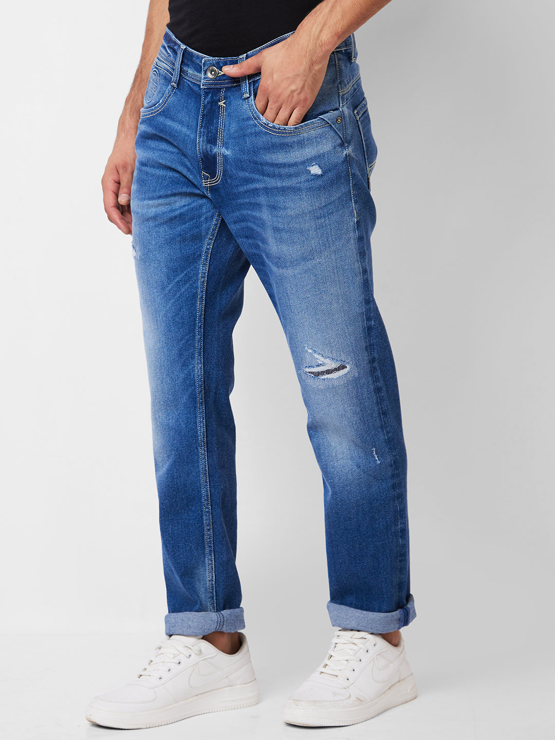 Spykar Men Blue Cotton Mid Rise Jeans