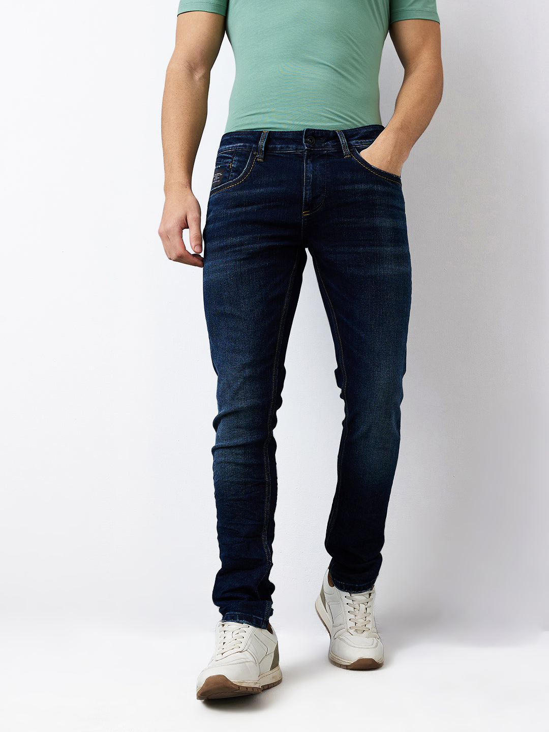 Men Jeans Slim Fit Dark Blue Low Rise