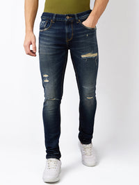 Men Jeans Slim Fit Vintage Blue Low Rise