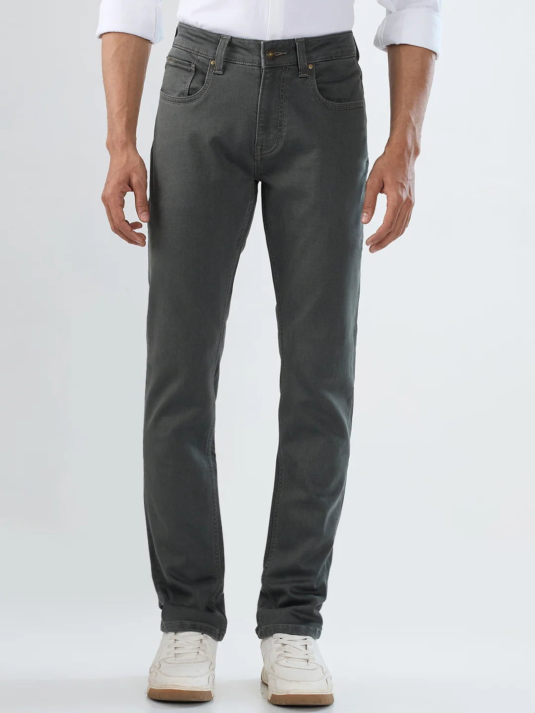 Men Dark Olive Solid Regular Fit Mid Rise Jeans