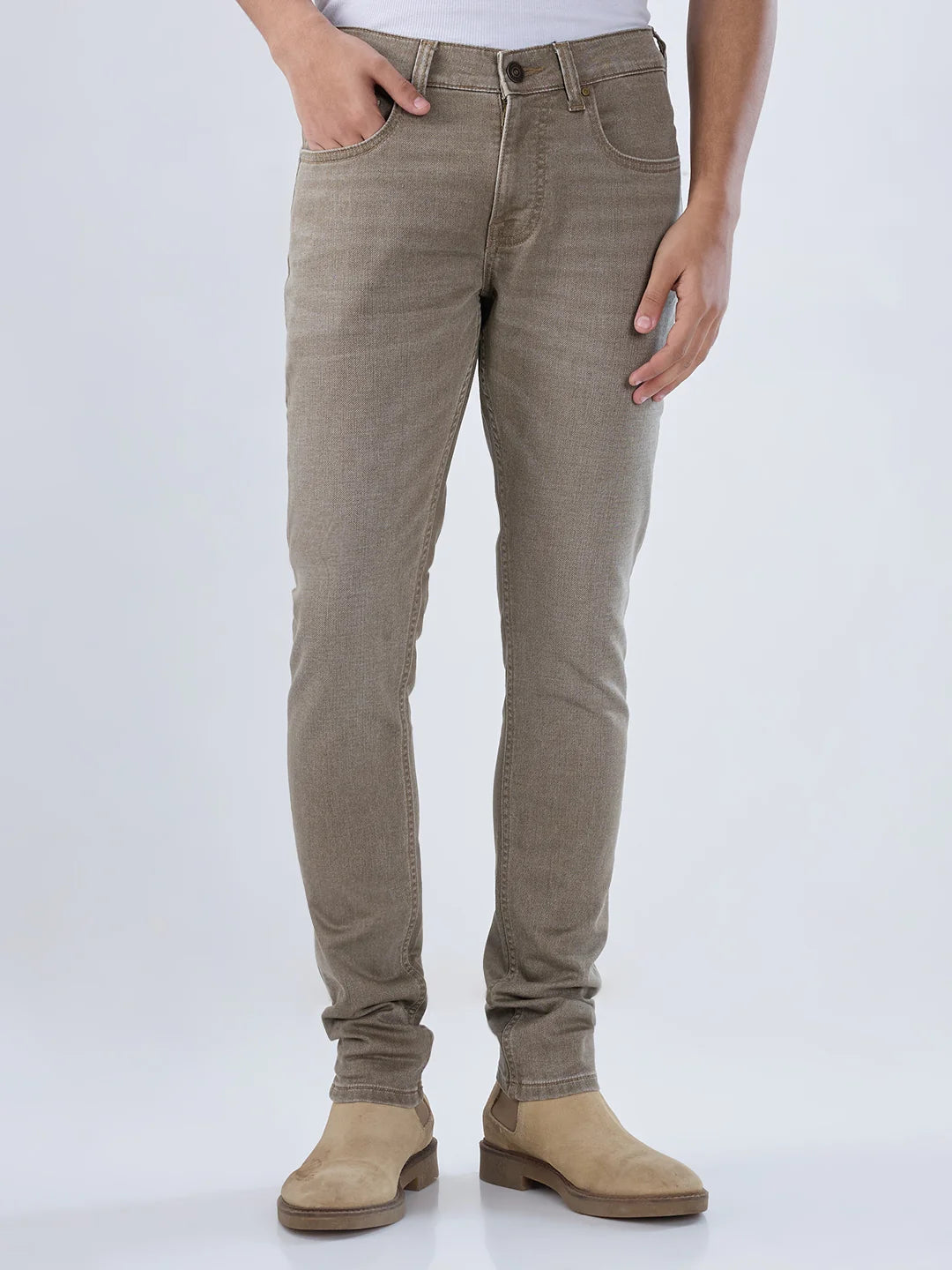 Men Light Olive Green Solid Slim Fit Low Rise Jeans