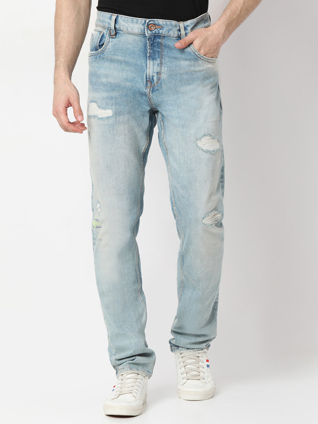 Spykar Cotton Relaxed Fit Highly Distressed Heavy Fade Stretchable Jeans For Men