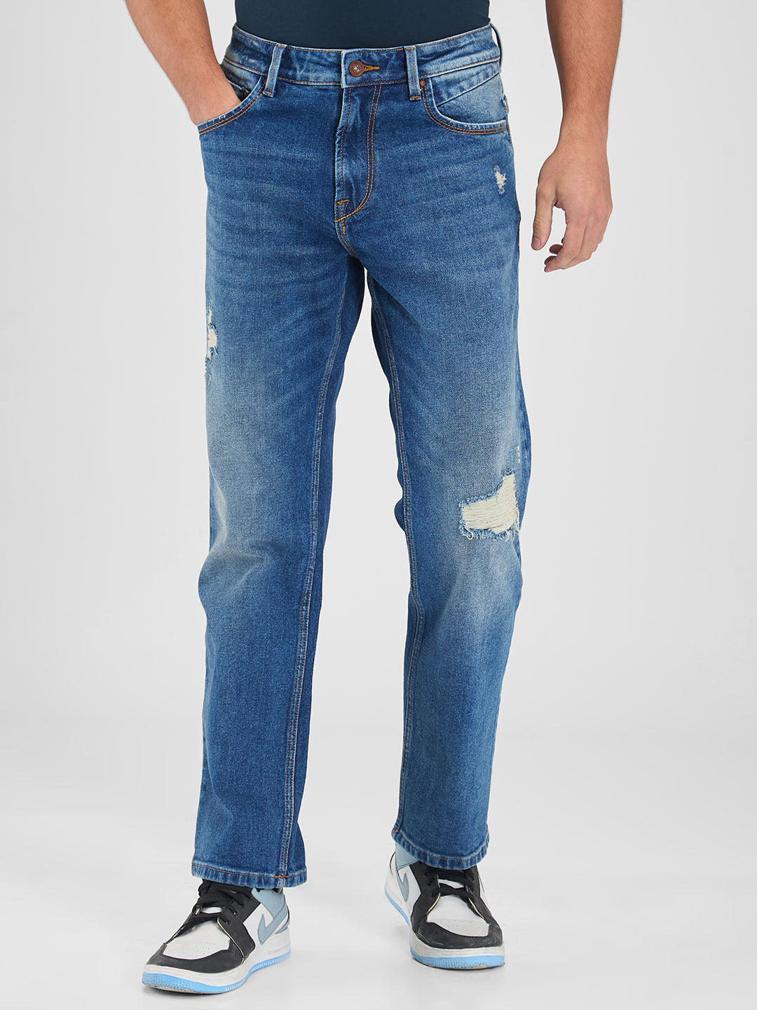 Spykar Dark Blue straight Fit Mid Rise Jeans for Men