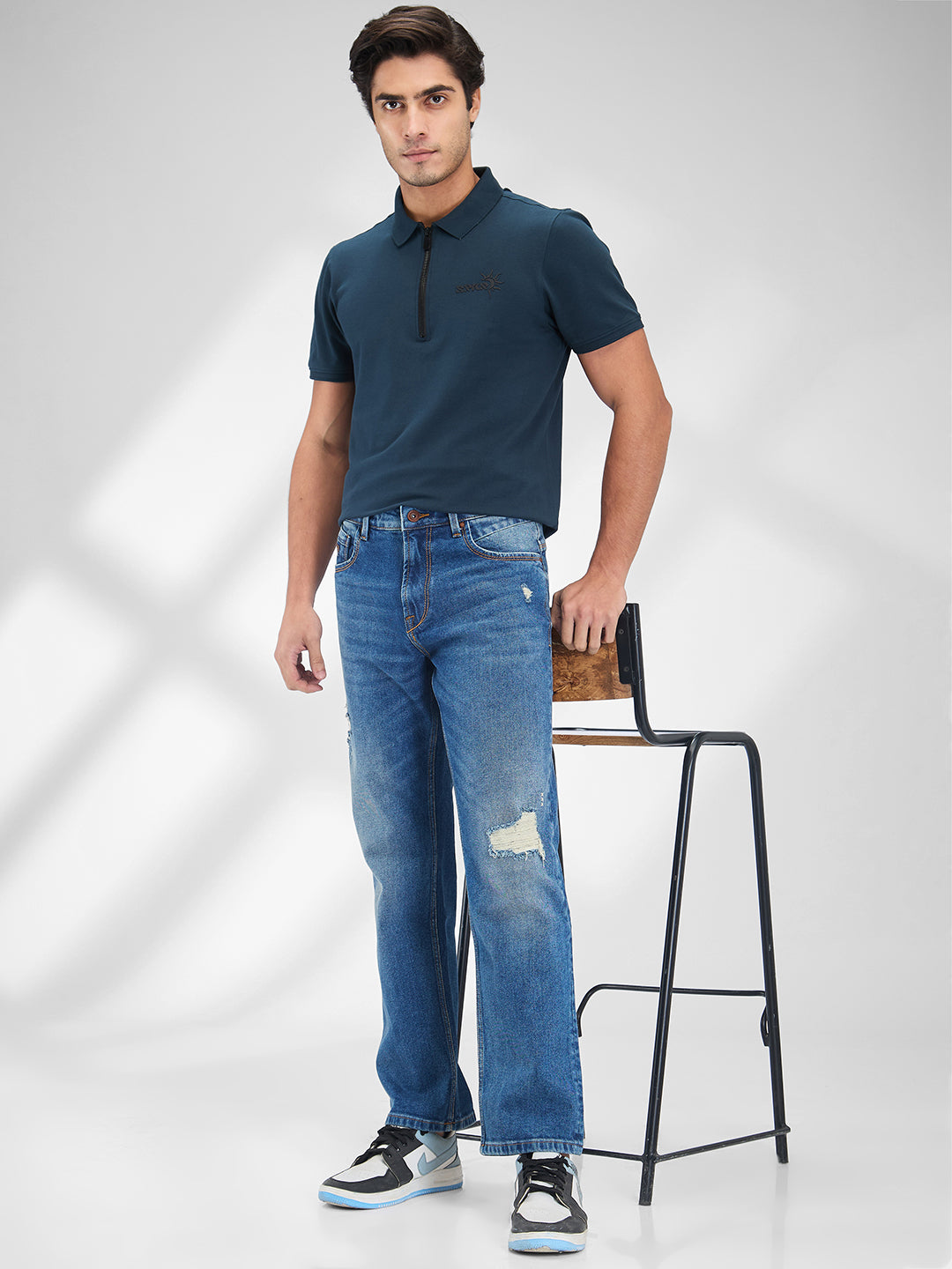 Spykar Dark Blue straight Fit Mid Rise Jeans for Men