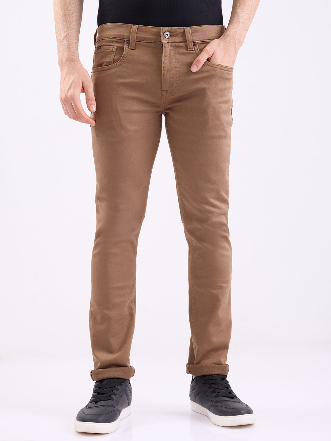 Men Jeans Slim Fit Brown Low Rise