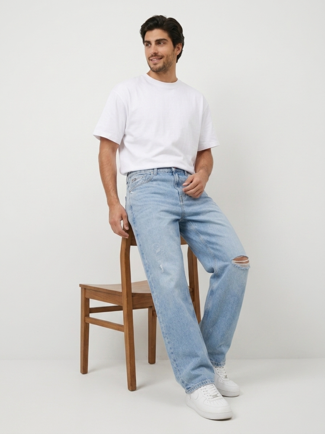 Men Ikemen Jeans Loose Fit Light Blue Low Rise