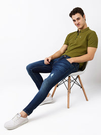 Men Jeans Slim Fit Dark Blue Mid Rise