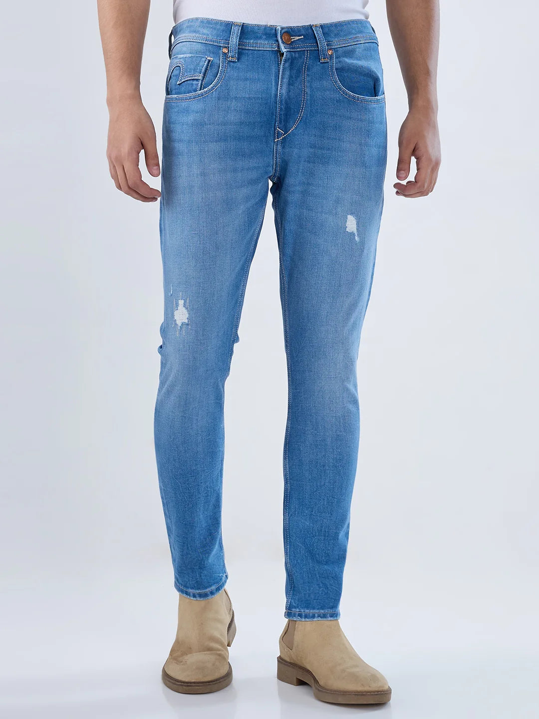Men Mid Blue Solid Slim Fit Mid Rise Jeans