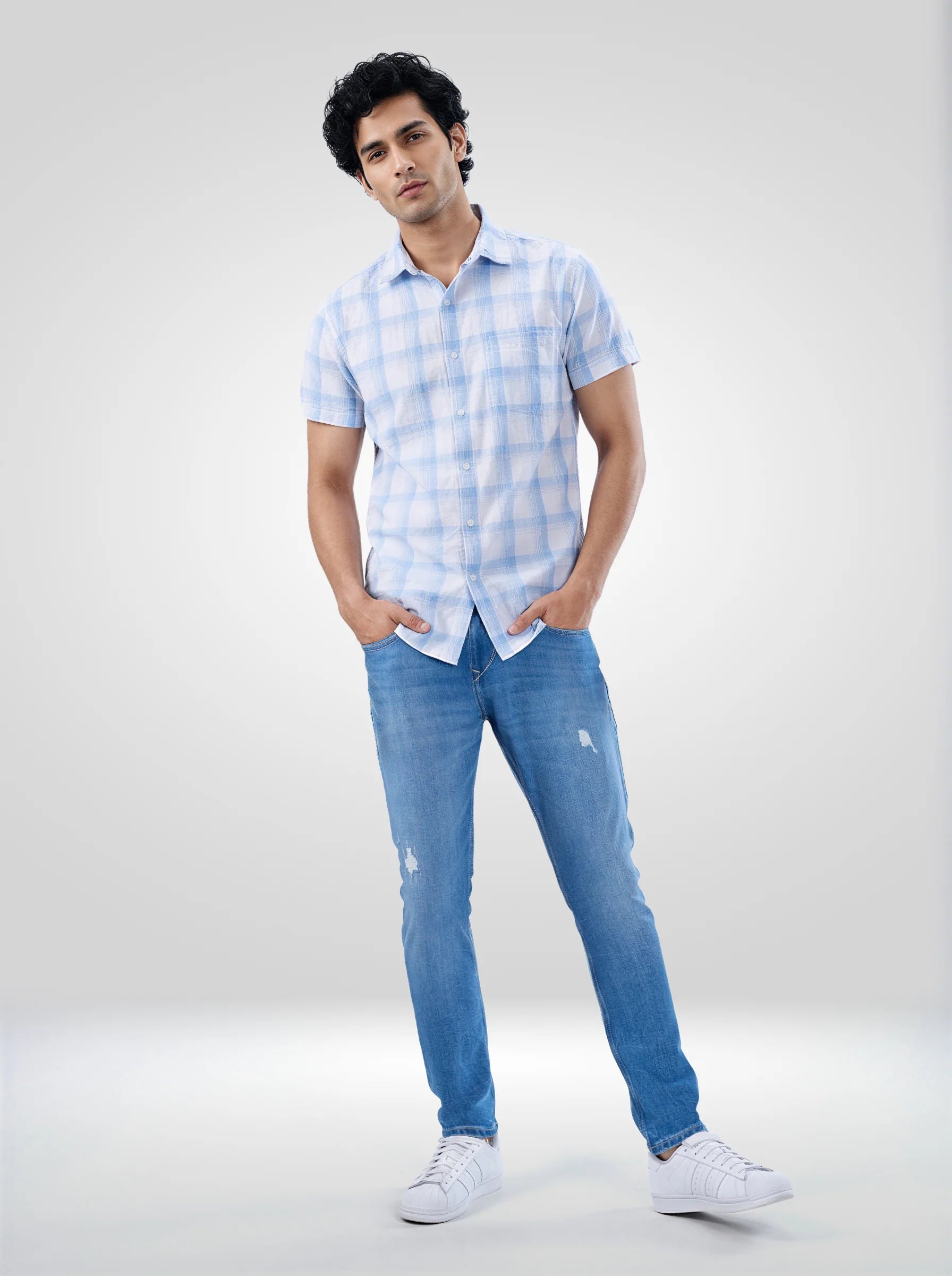 Men Jeans Slim Fit Mid Blue Mid Rise