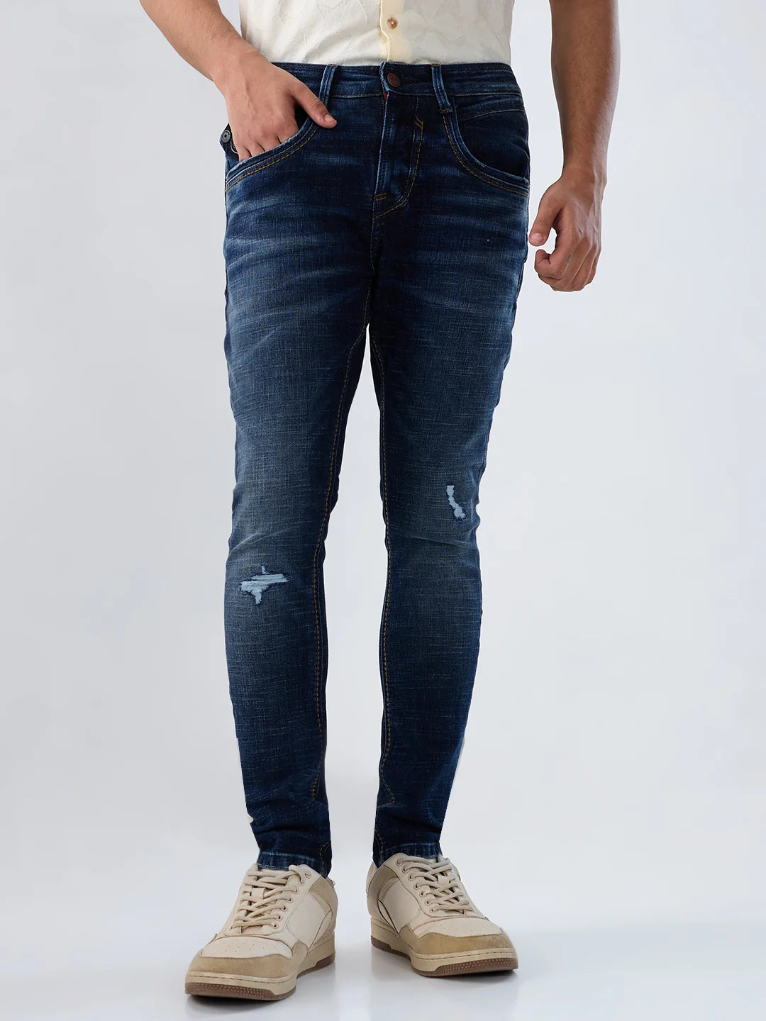 Men Dark Blue Solid Slim Fit Mid Rise Jeans