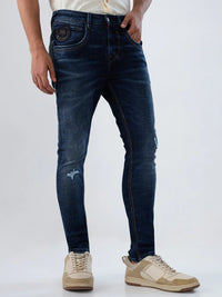 Men Jeans Slim Fit Dark Blue Mid Rise