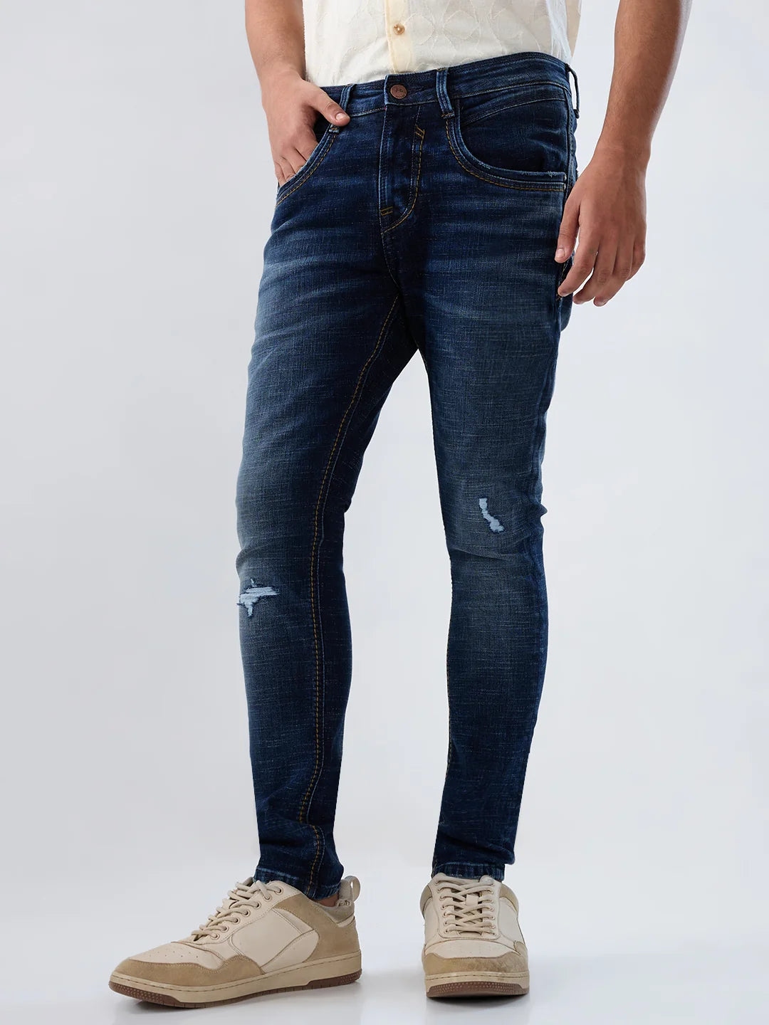 Men Jeans Slim Fit Dark Blue Mid Rise