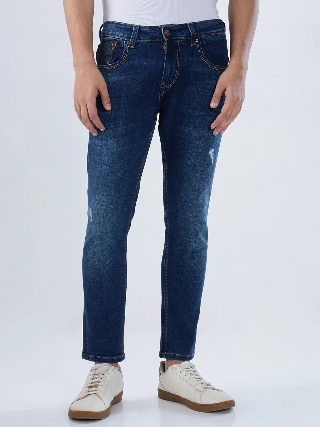 Men Dark Blue Solid Slim Fit Mid Rise Jeans