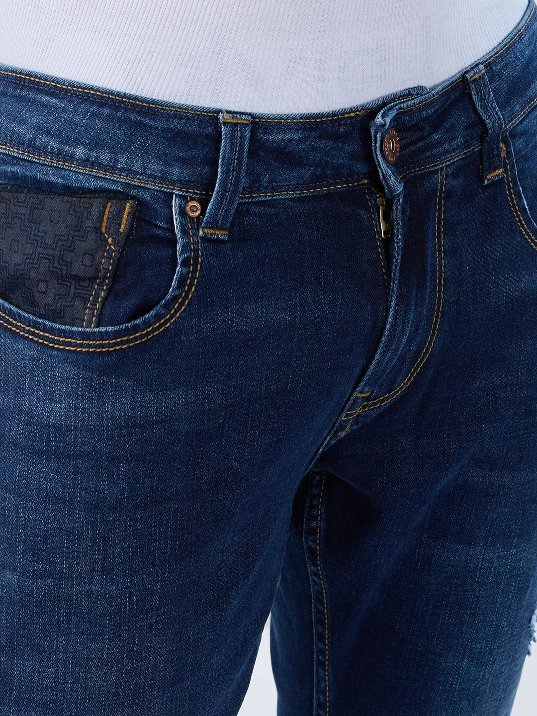 Men Jeans Slim Fit Dark Blue Mid Rise