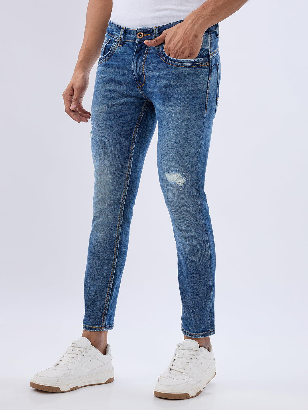 Spykar Mid Blue Slim Fit Mid Rise Jeans For Men