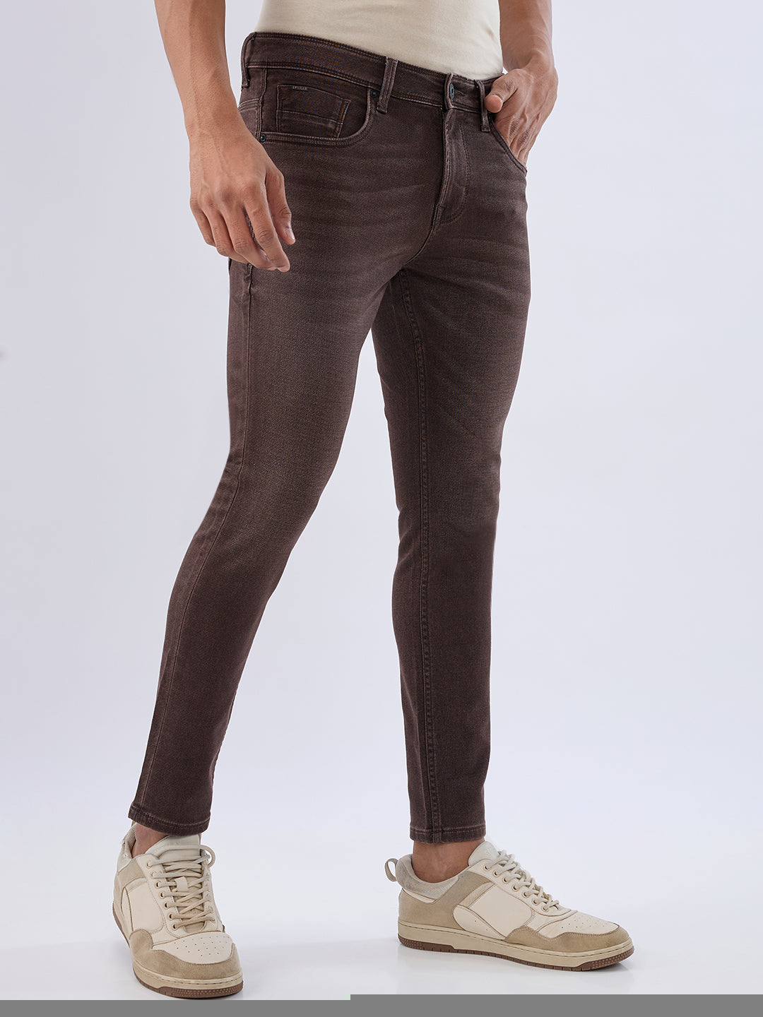 Men Jeans Slim Fit Brown Mid Rise