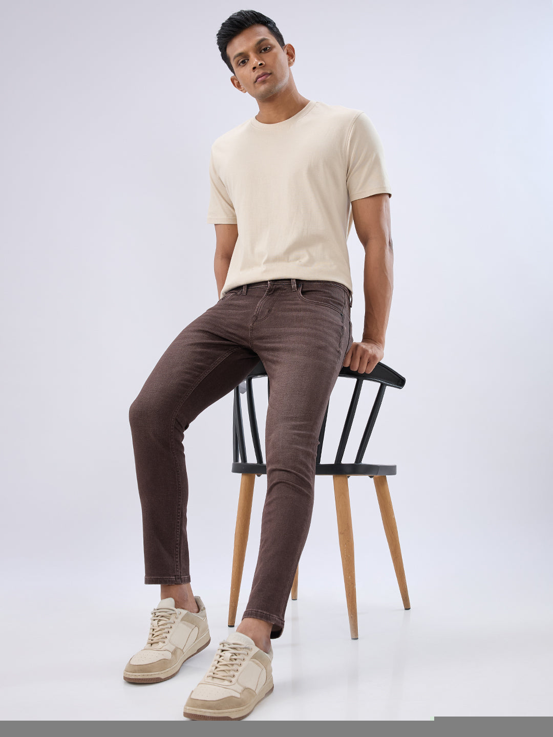 Men Kano Jeans Slim Fit Brown Mid Rise
