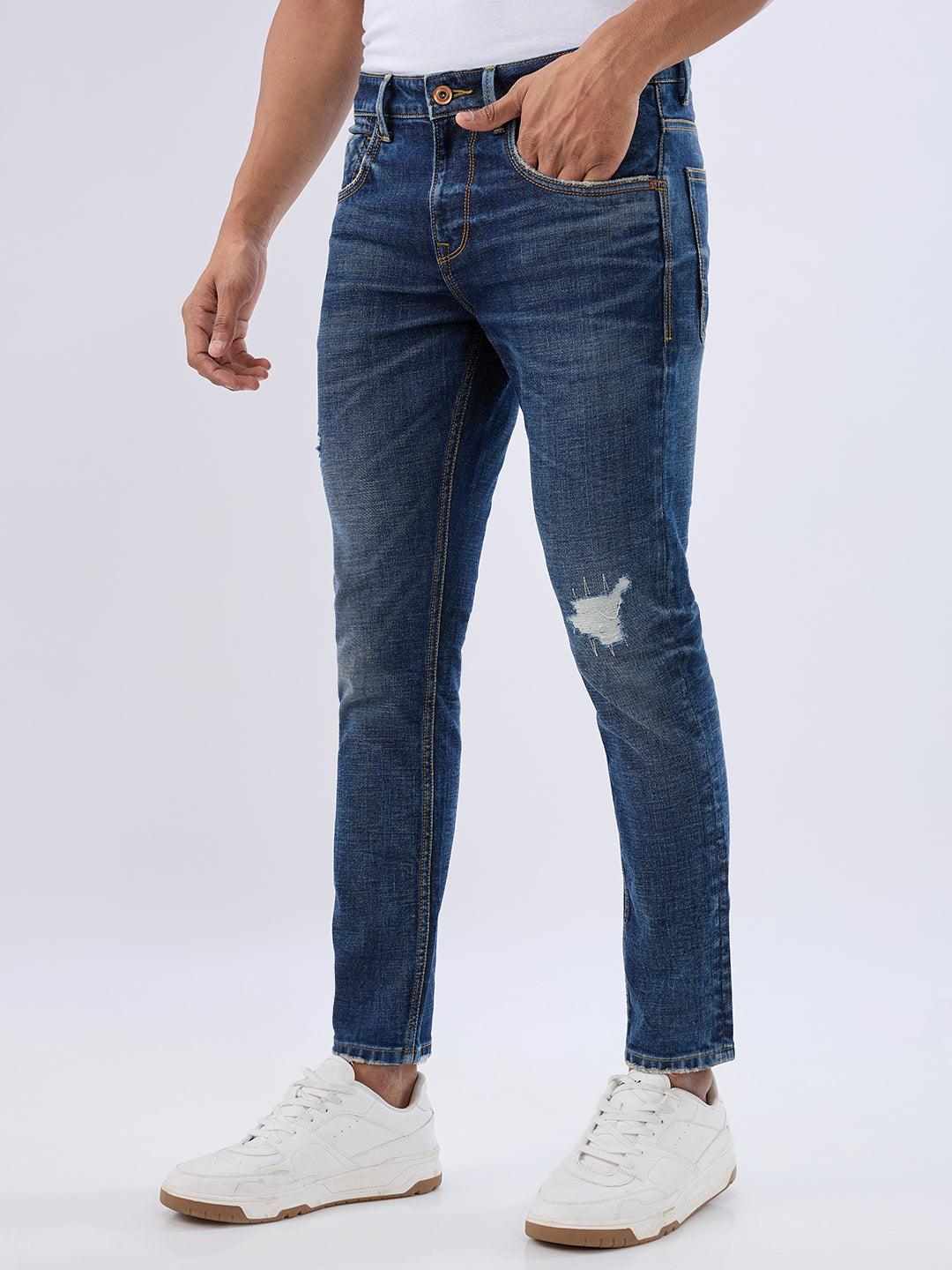 Spykar Mid Blue Slim Fit Mid Rise Jeans For Men