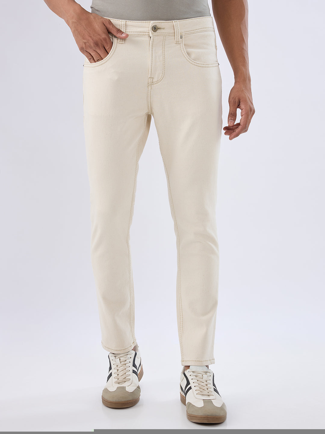 Men Kano Jeans Slim Fit Beige Mid Rise