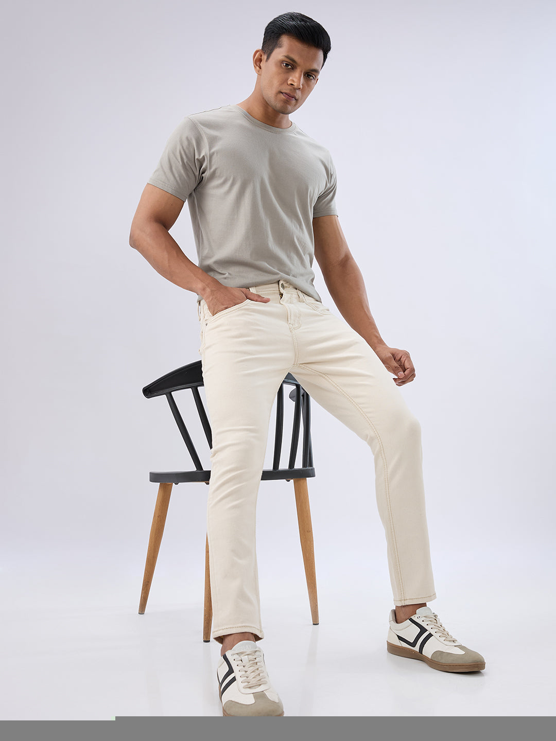 Spykar Ecru Slim Fit Mid Rise Jeans For Men