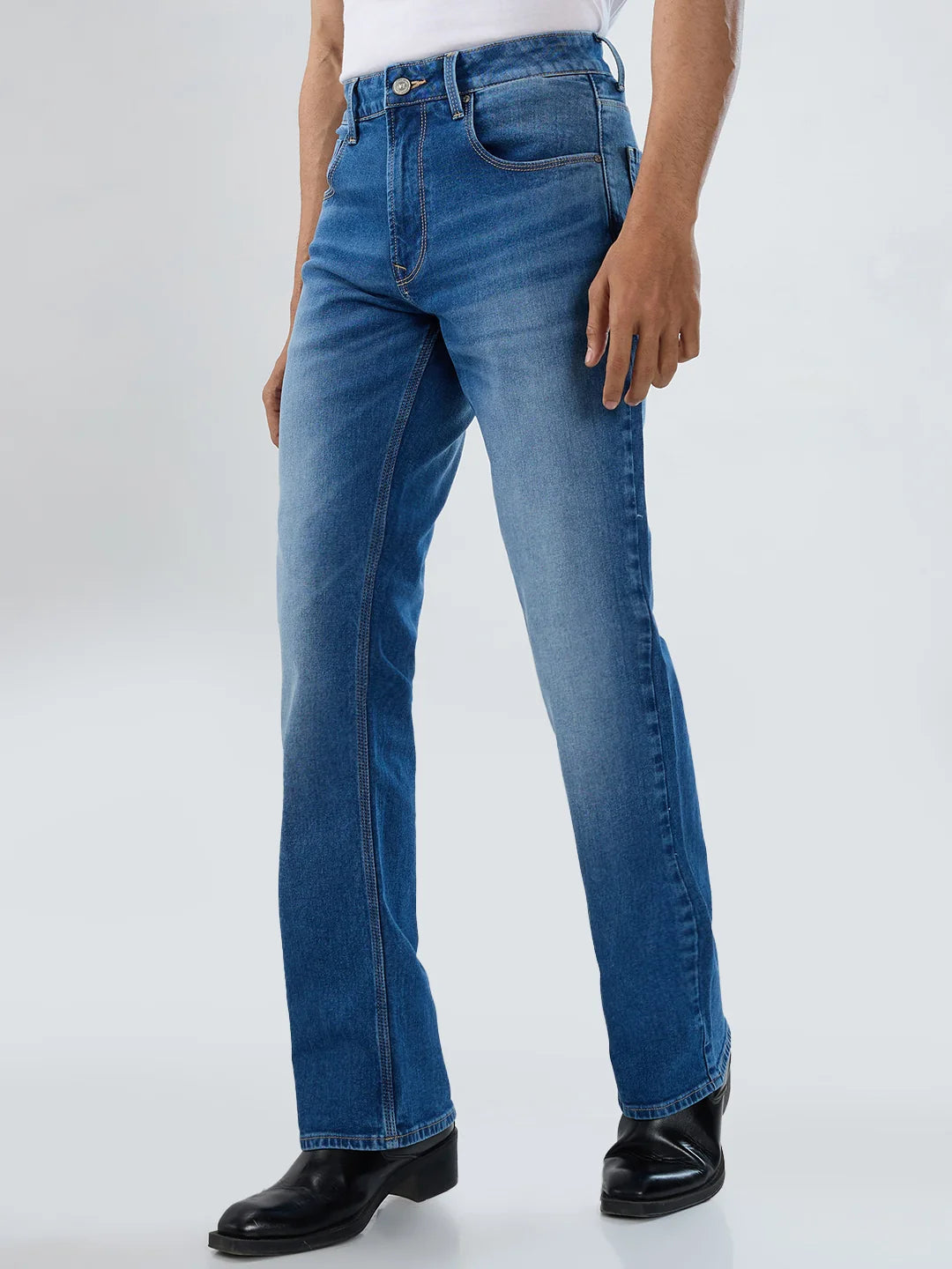 Men Jeans Boot Cut Fit Mid Blue Mid Rise