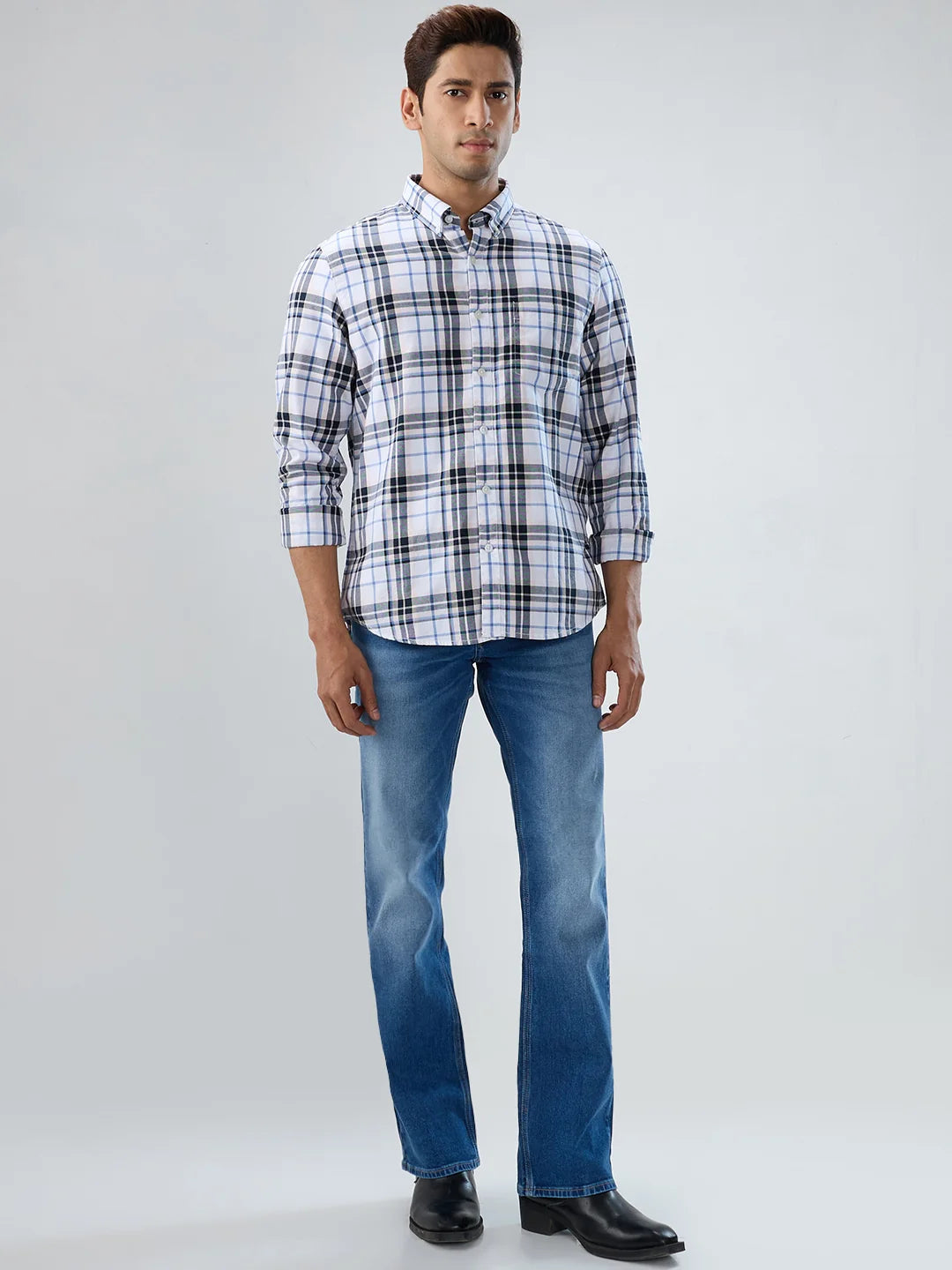 Men Jeans Boot Cut Fit Mid Blue Mid Rise