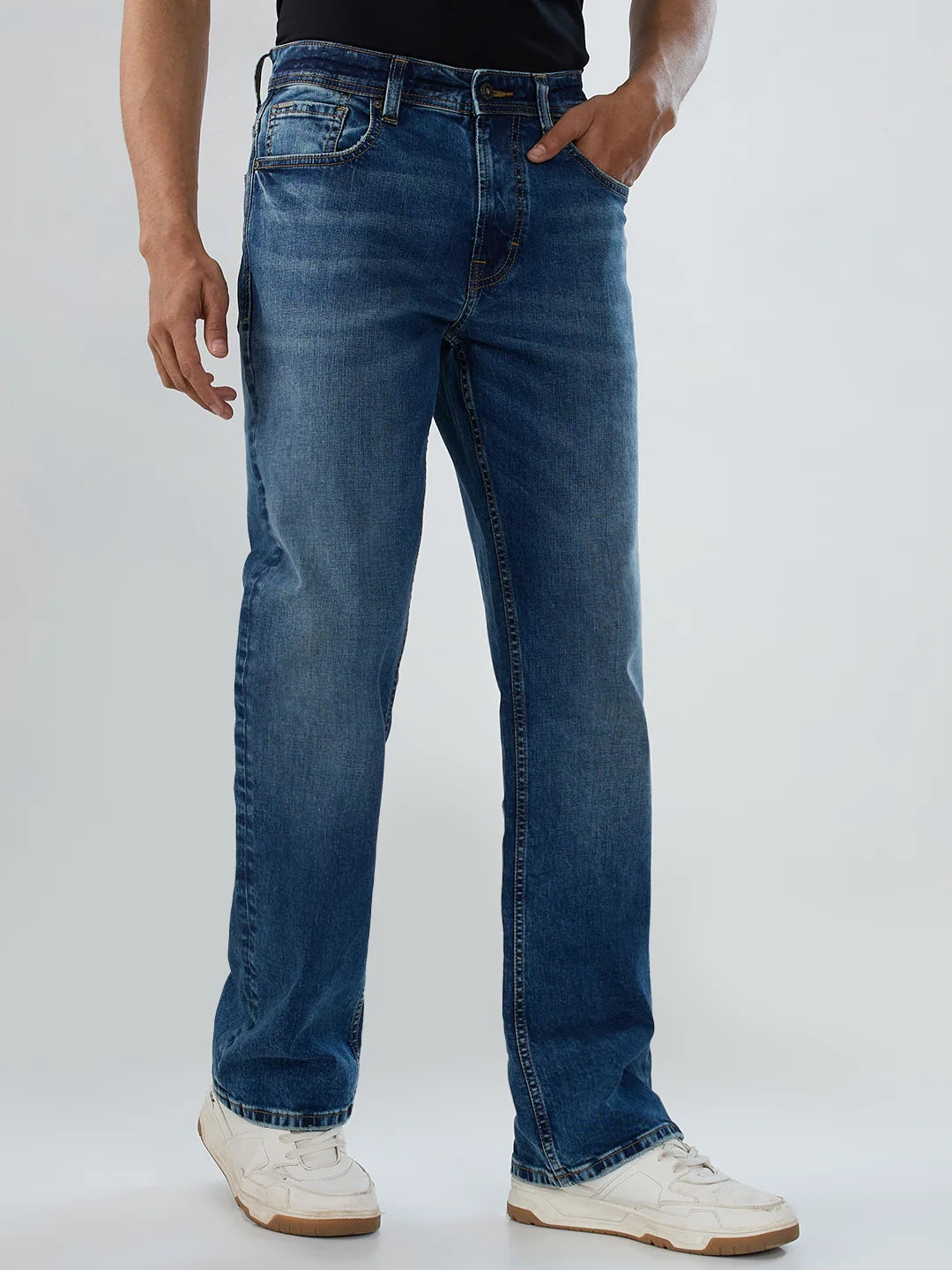 Men Jeans Boot Cut Fit Mid Blue Mid Rise