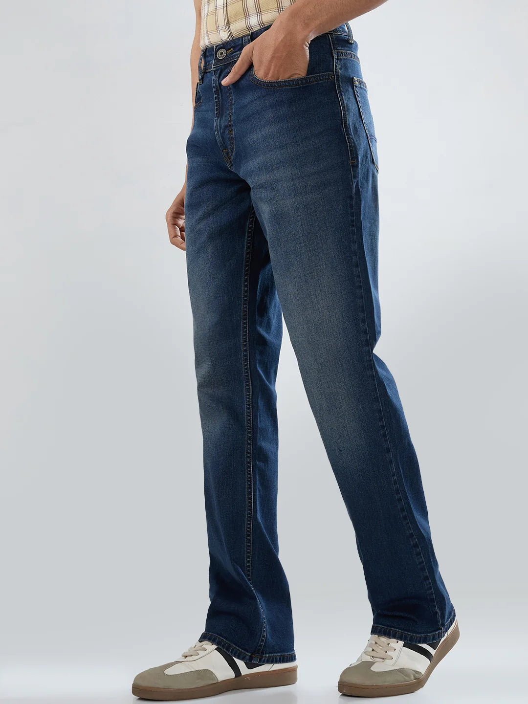 Men Jeans Boot Cut Fit Vintage Blue Mid Rise