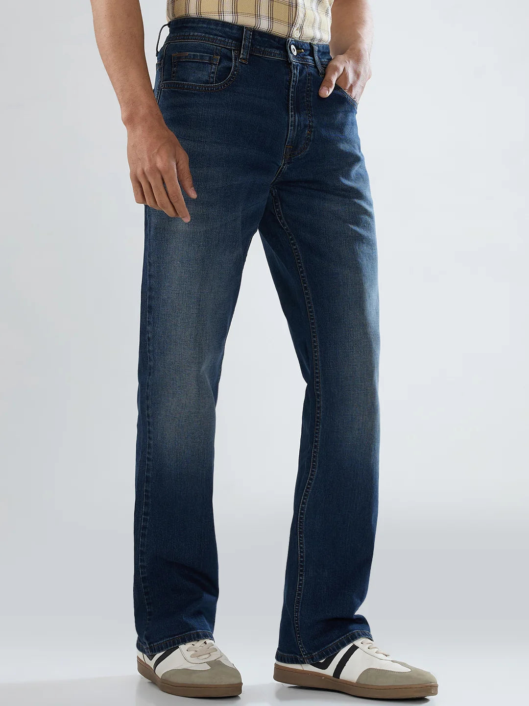 Men Jeans Boot Cut Fit Vintage Blue Mid Rise