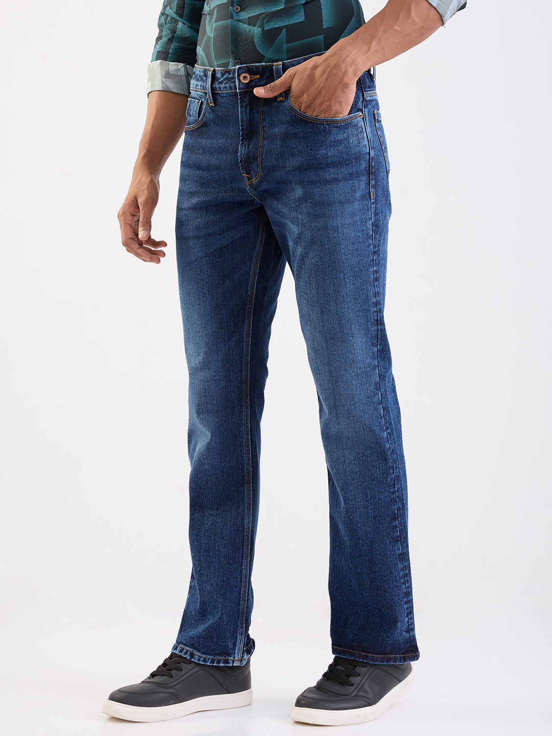 Men Jeans Regular Fit Dark Blue Mid Rise
