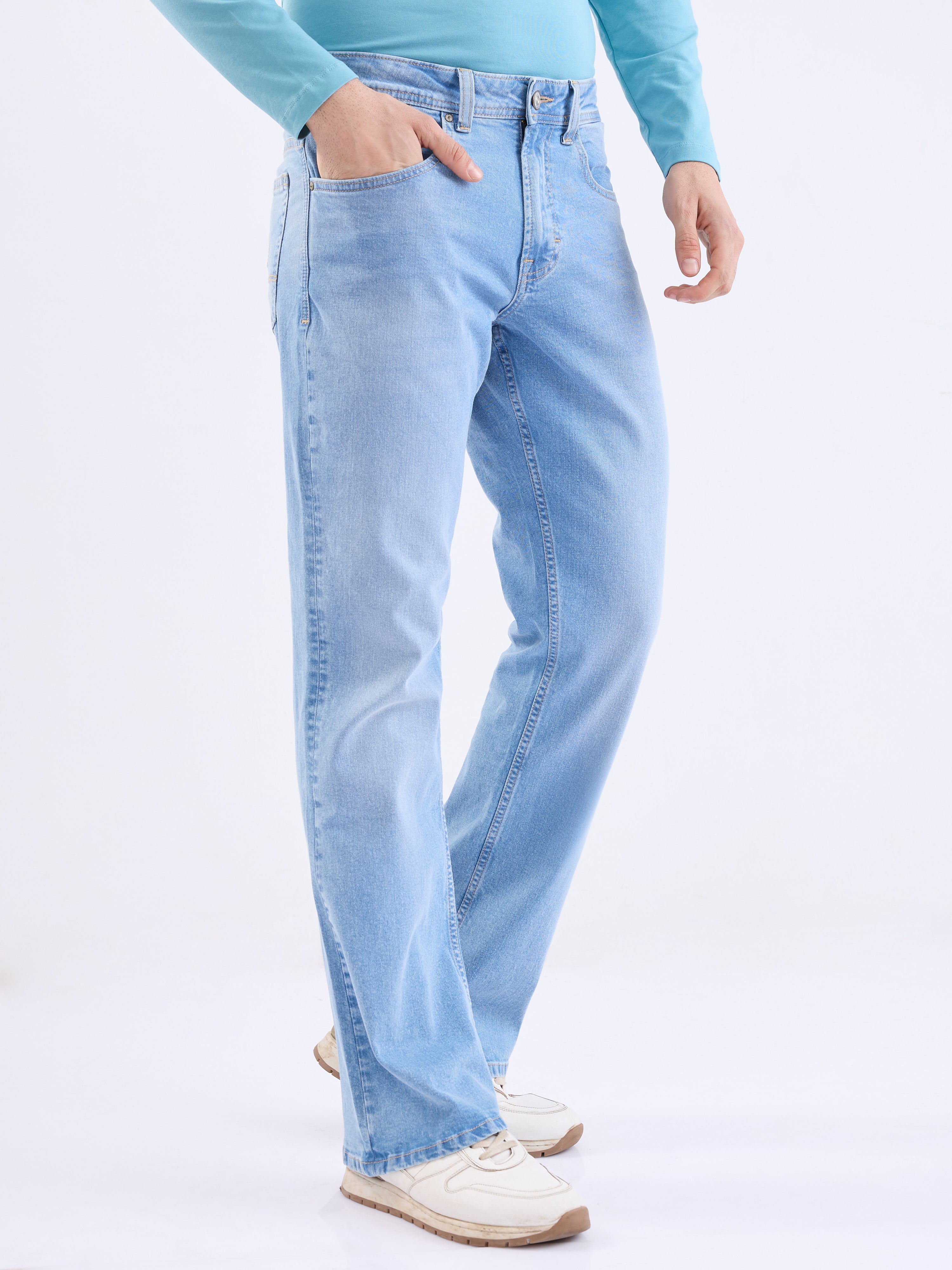 Spykar Light Blue Mid Rise Regular Fit Casual Jeans For Men