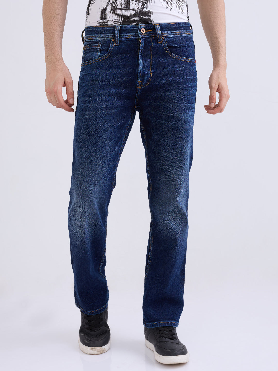 Men Jeans Relaxed Fit Dark Blue Mid Rise