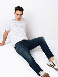 Men Jeans Slim Fit Vintage Blue Mid Rise