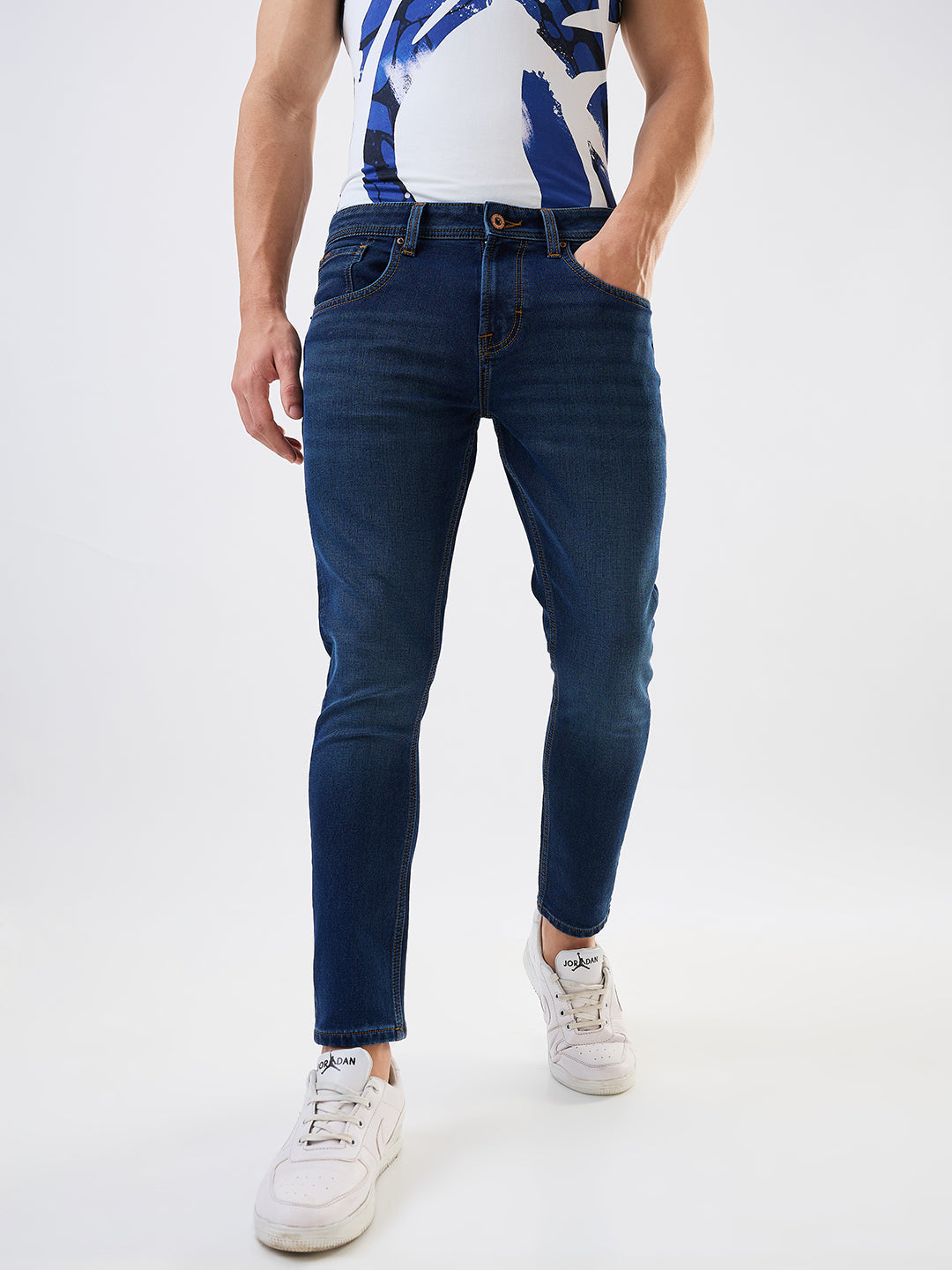 Men Jeans Slim Fit Dark Blue Mid Rise