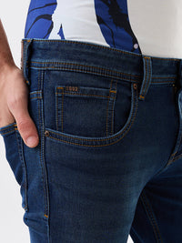 Men Jeans Slim Fit Dark Blue Mid Rise