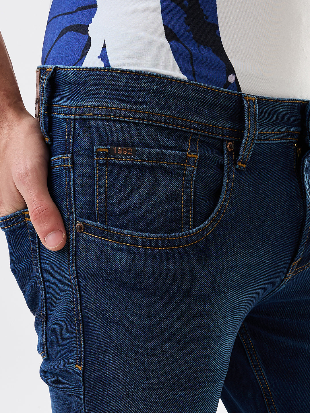 Men Jeans Slim Fit Dark Blue Mid Rise