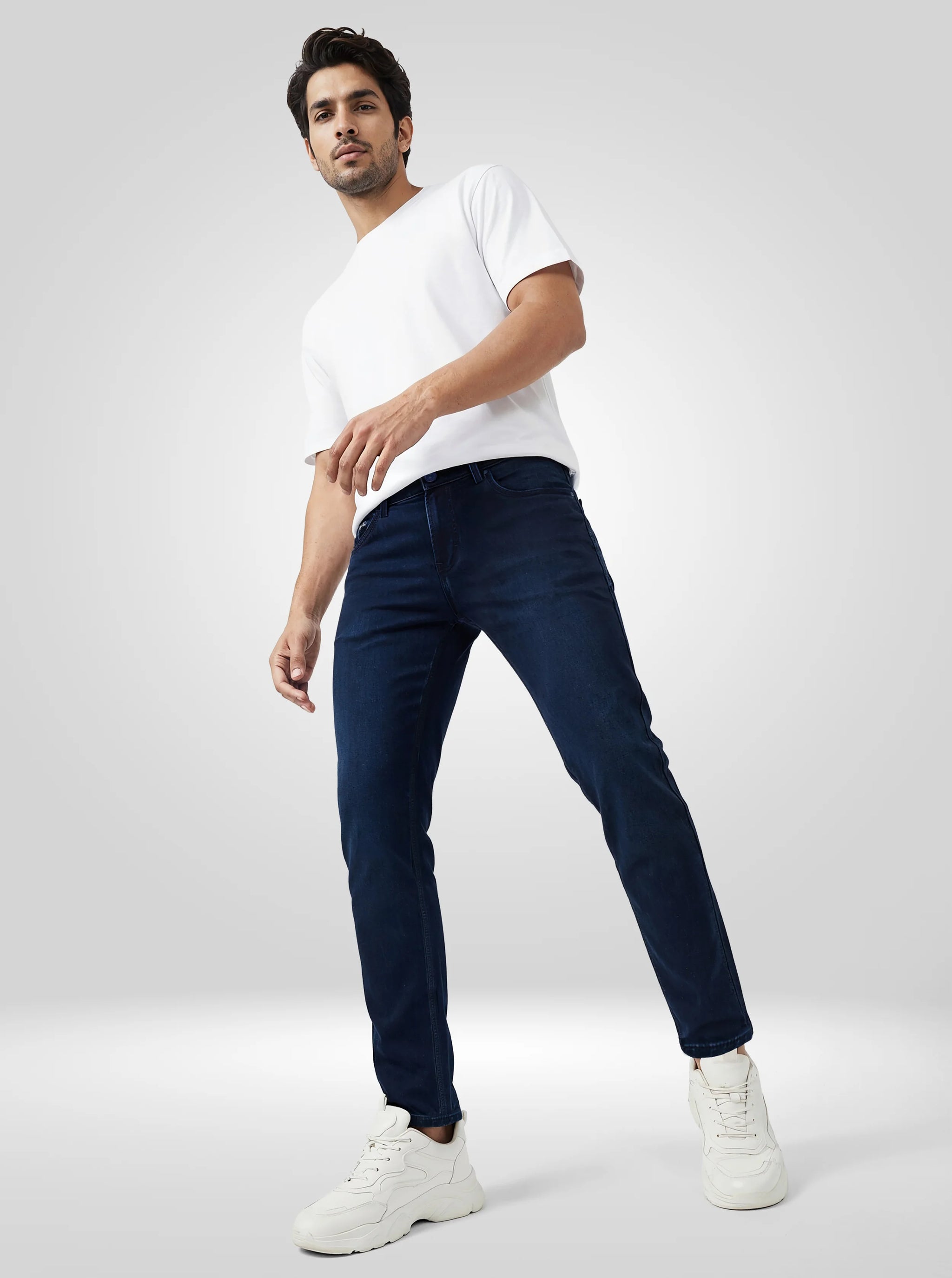 Men Jeans Slim Fit Dark Blue Mid Rise