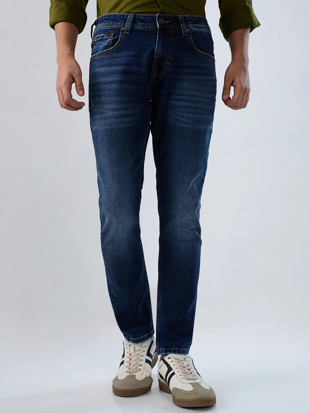 Men Jeans Slim Fit Dark Blue Mid Rise