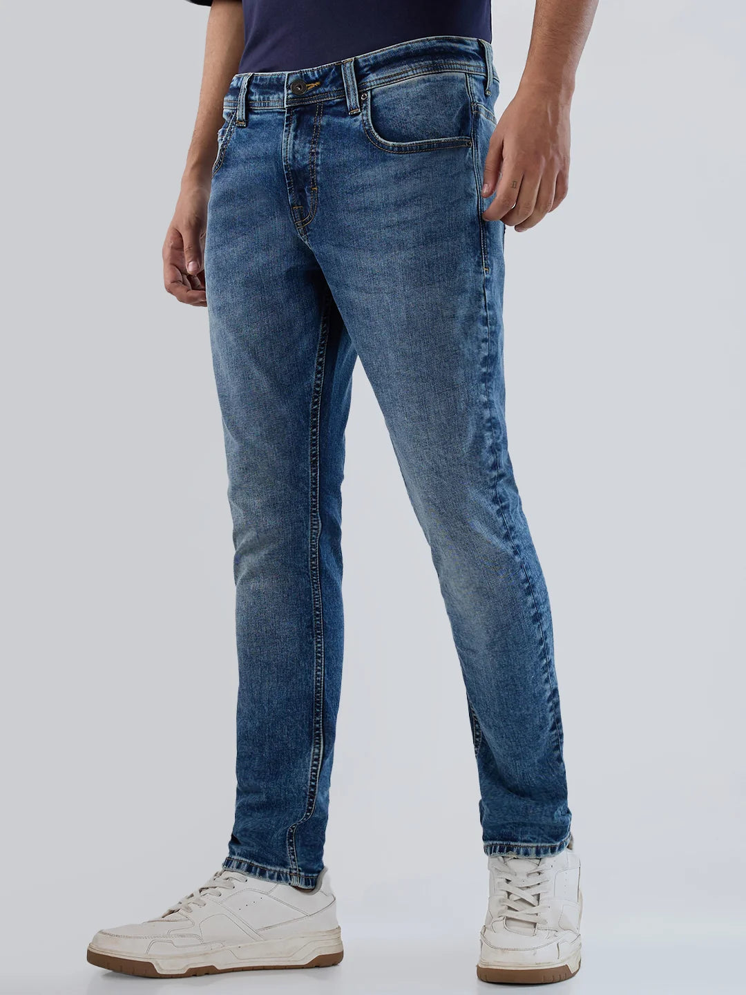 Men Jeans Slim Fit Mid Blue Mid Rise