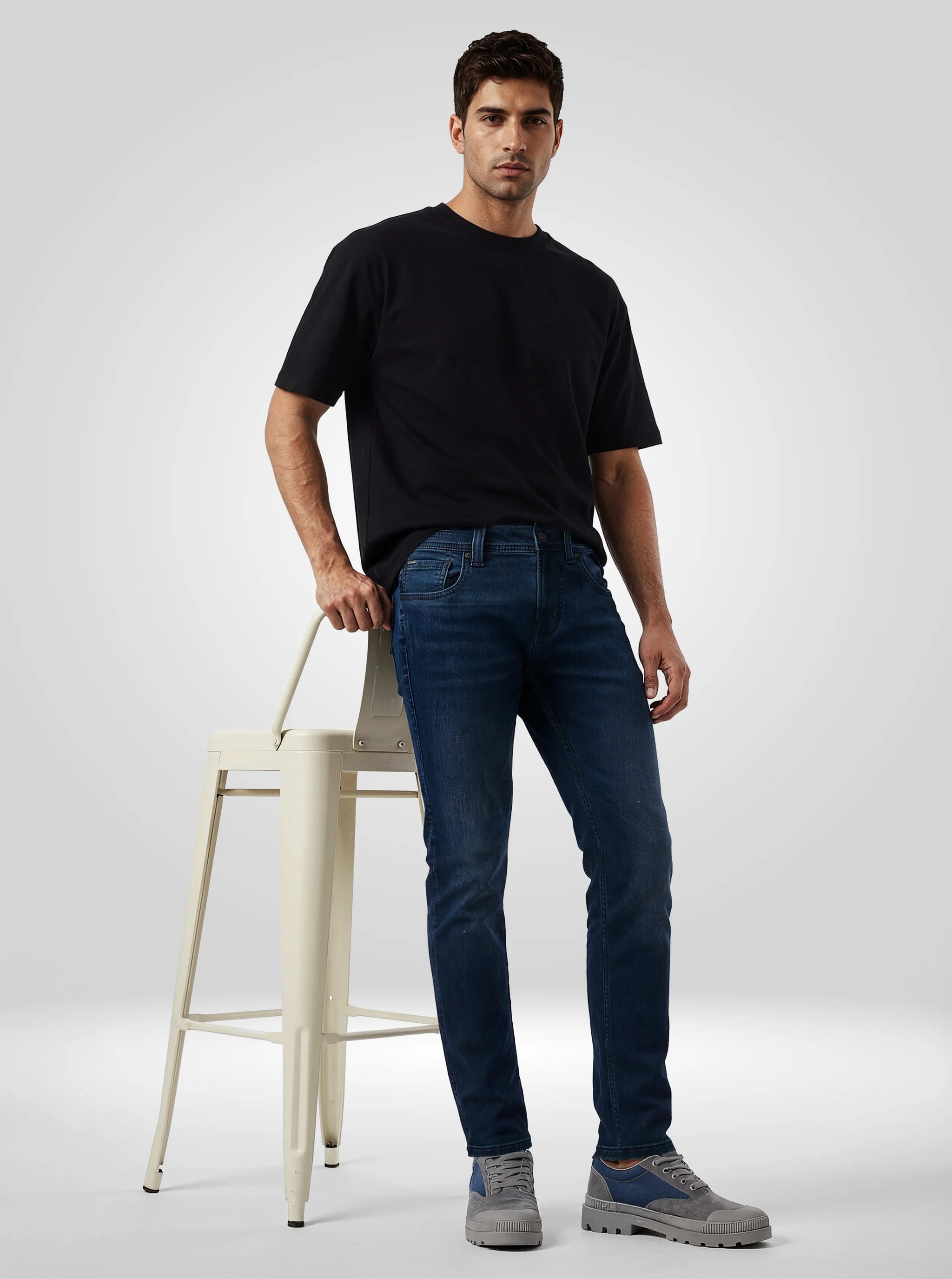 Men Jeans Slim Fit Vintage Blue Mid Rise