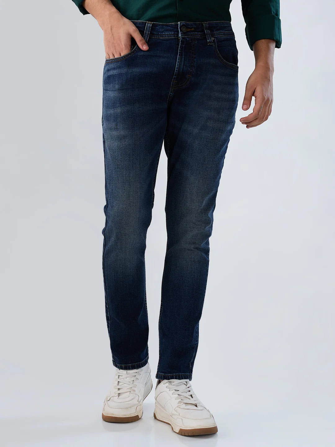 Men Jeans Slim Fit Vintage Blue Mid Rise