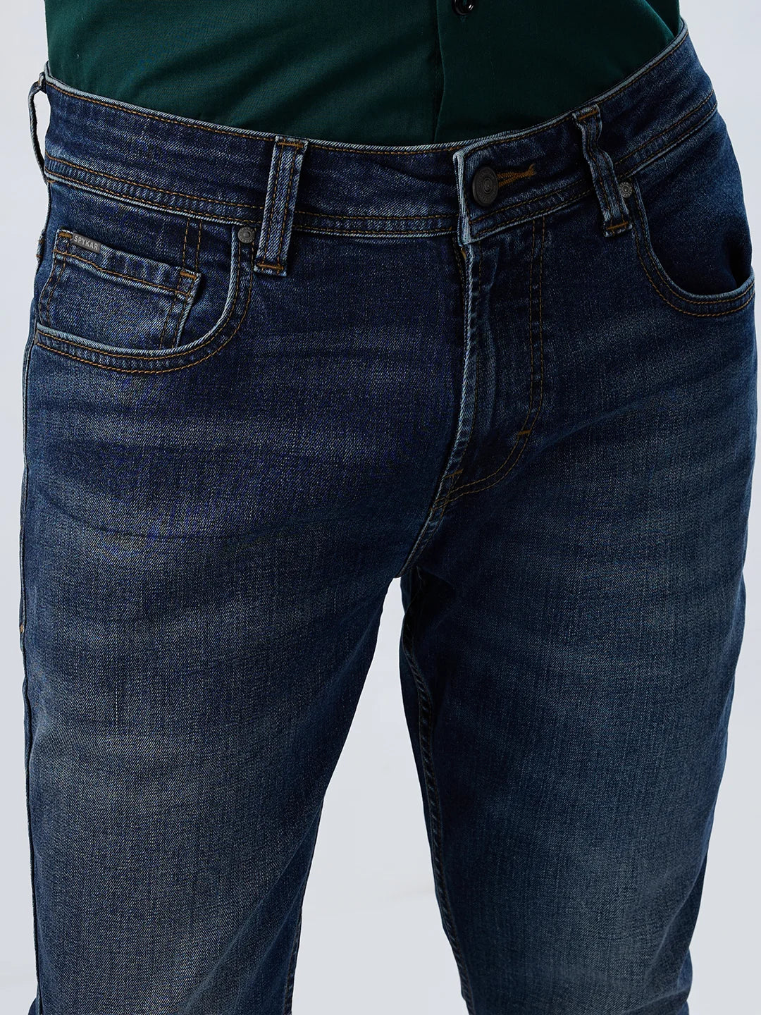 Men Jeans Slim Fit Vintage Blue Mid Rise