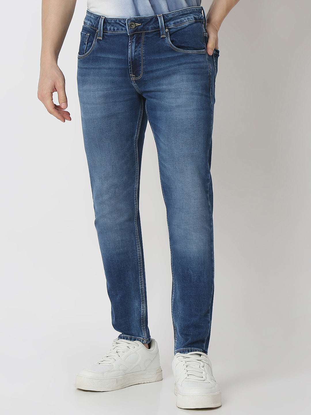 Spykar Mid Blue Mid Rise Slim Fit Jeans For Men