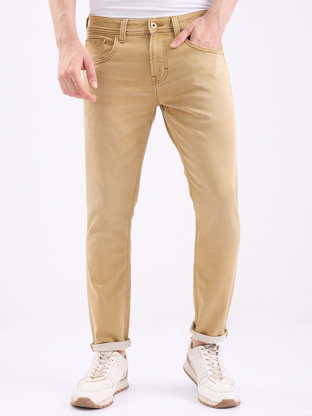 Spykar Golden Khaki Mid Rise Slim Fit Casual Jeans For Men