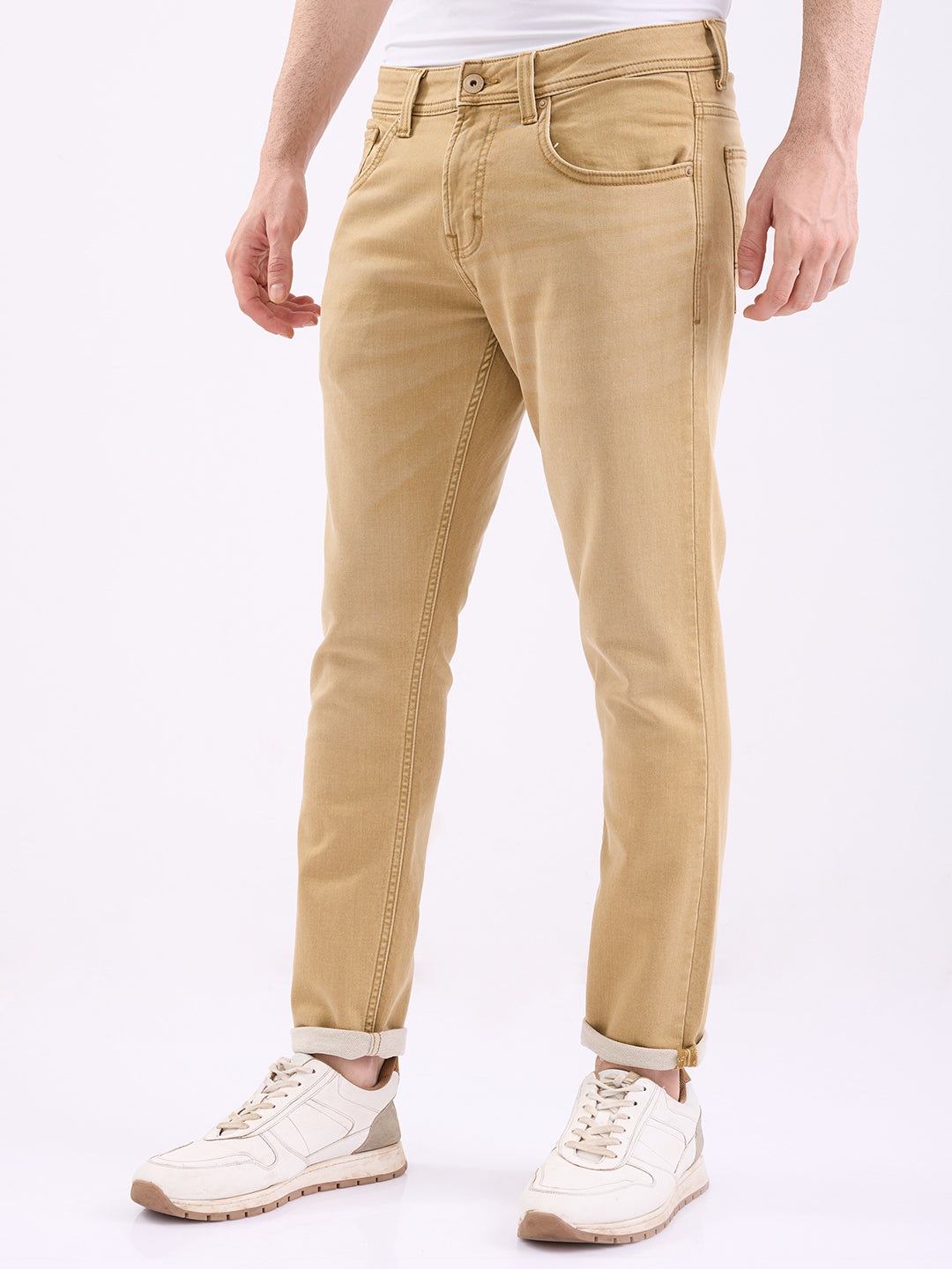 Men Jeans Slim Fit Khaki Mid Rise