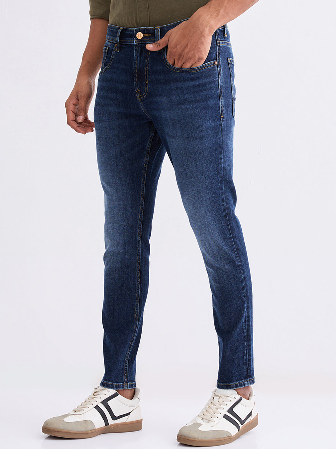 Men Jeans Slim Fit Dark Blue Mid Rise