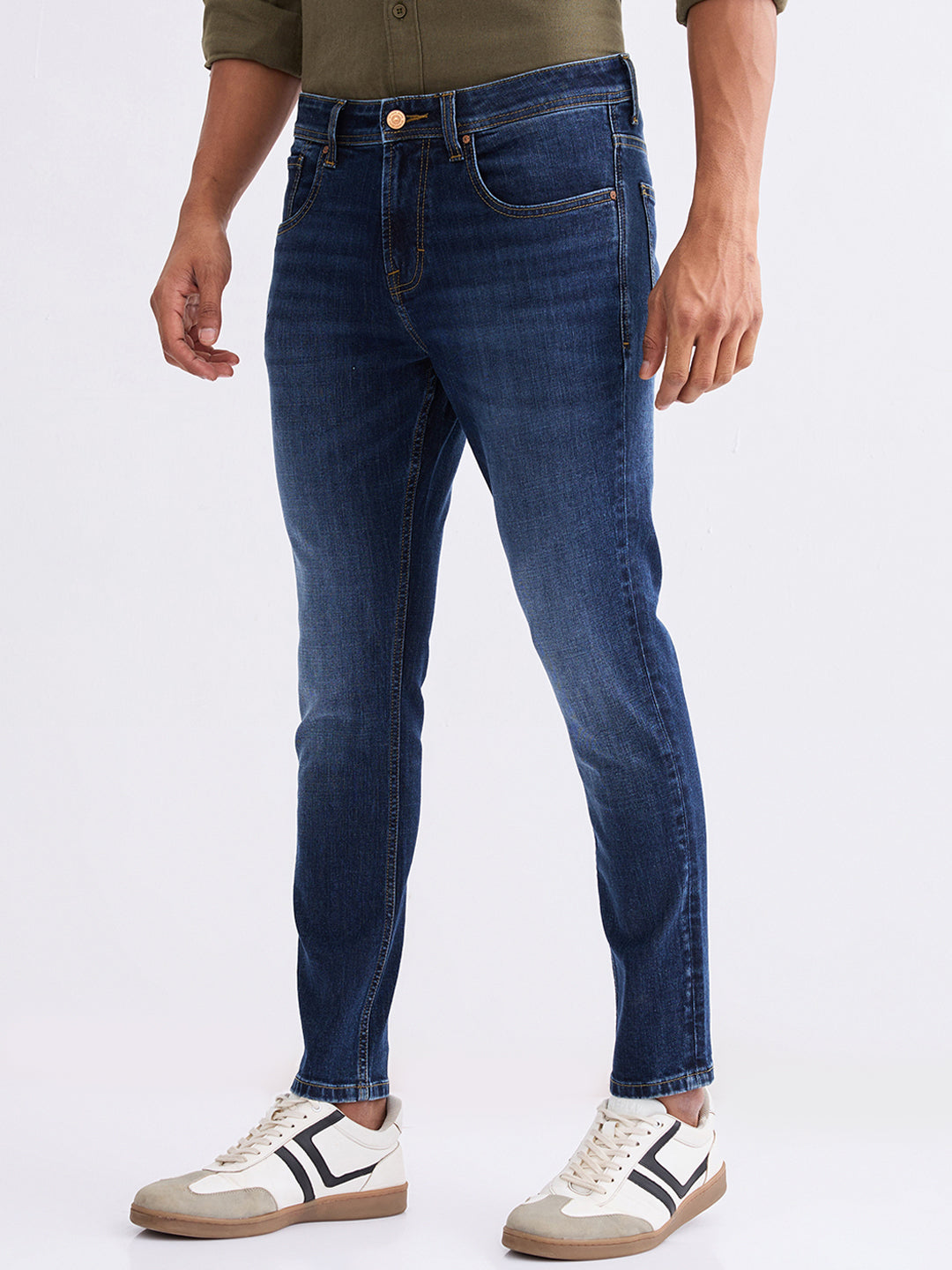 Men Jeans Slim Fit Dark Blue Mid Rise