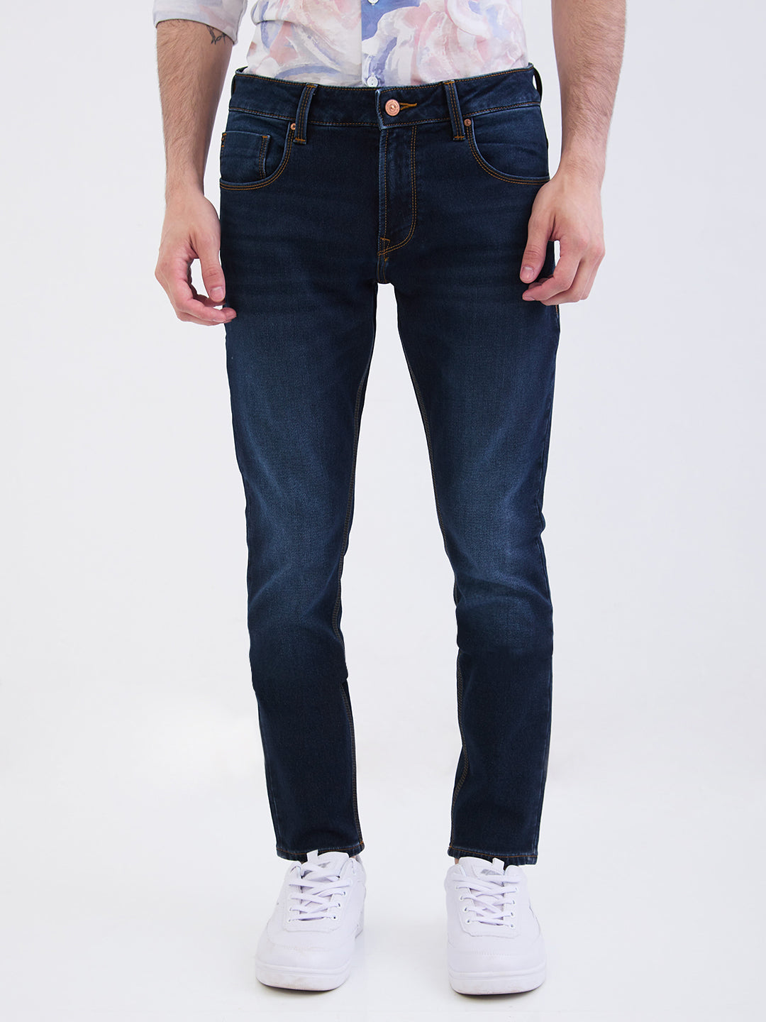Men Jeans Slim Fit Dark Blue Mid Rise