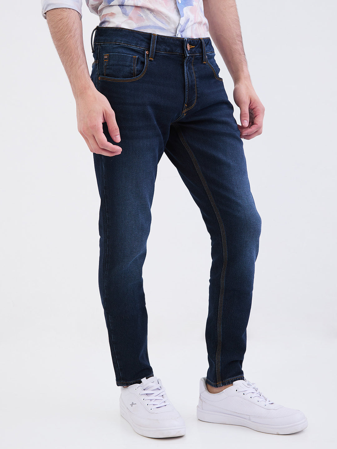 Men Jeans Slim Fit Dark Blue Mid Rise