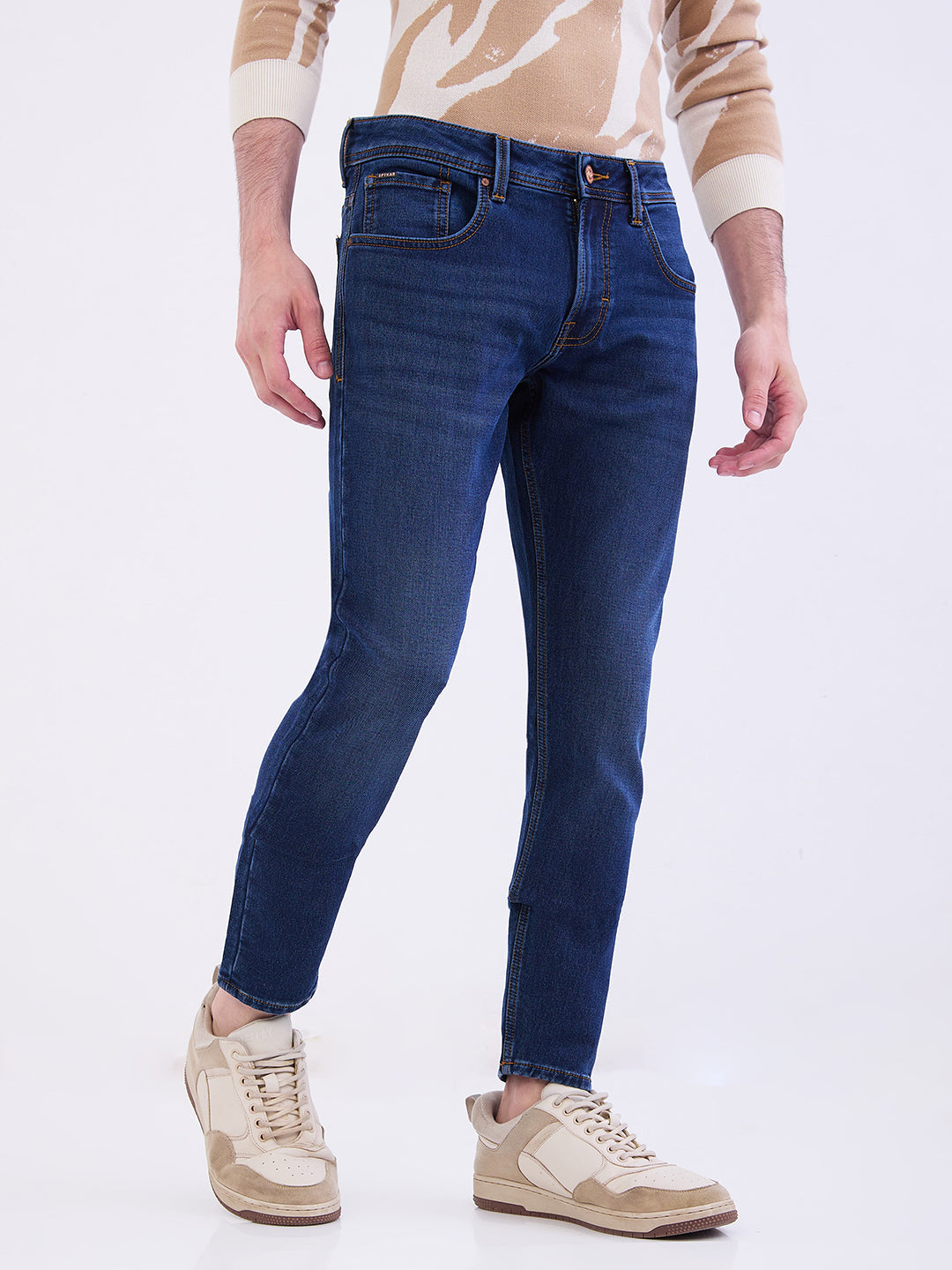 Men Jeans Slim Fit Dark Blue Mid Rise